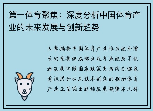 第一体育聚焦：深度分析中国体育产业的未来发展与创新趋势